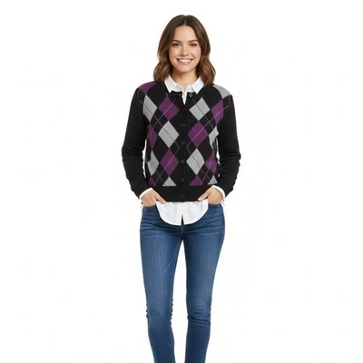 Cárdigan Y2K Vintage Argyle NorthCrest L Púrpura Negro Algodón Usado en Excelente Condición Preppy Academia Foto 1 de 4