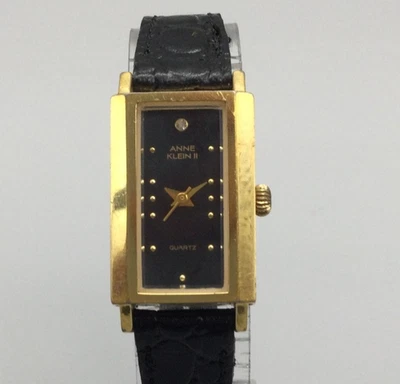 Vtg Anne Klein Tank Watch Womens 17mm Gold Tone Black Dial New Battery - Image 1 of 4