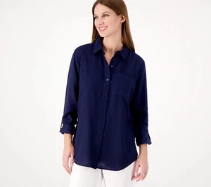 Susan Graver Petite Hemd reines Leinenmischung Knopfleiste marineblau einfarbig 3X gebraucht - Bild 1 von 1