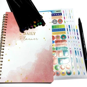 Undated Daily Planner, Stickers and Fine Tip Markers 8 x 5.5 inches Pink - Picture 1 of 11