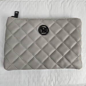 Badgley Mishka Quilted Pouch 5x7 Gray Zipper Makeup Bag Faux Leather Travel - Picture 1 of 9