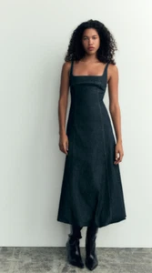Zara Women's Denim Long Midi Dress Dark Blue Indigo Square Neckline Sz Small - Picture 1 of 6