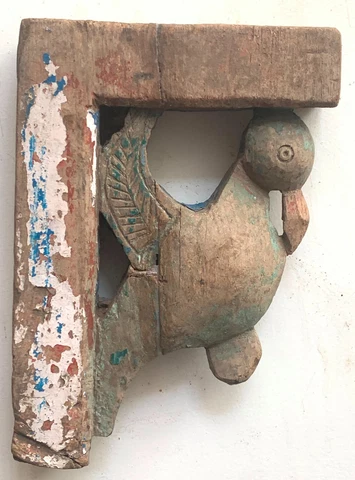 Old wooden bracket painted peacock bird statue wall hanging panel distressed art Cover