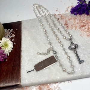 Sterling Silver Argento Vivo Long 925 Faux Pearl Key Pendant Necklace 21" UNWORN - Picture 1 of 12