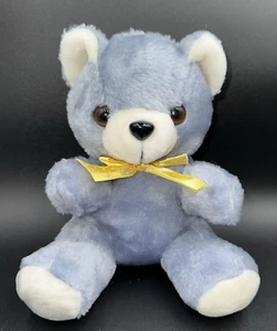 Vintage Toy 'n Toys Gray Blue Plush Sitting Teddy Bear with Yellow Satin Bow - Foto 1 di 9