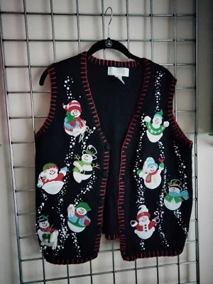 Vintage Women's XL Applique Beaded Embellished Snowman Christmas Sweater Vest - Image 1 of 4