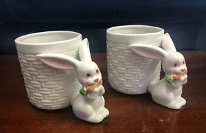 Fitz & Floyd Easter Bunny Rabbit Carrot Basket Weave Mug Cup Spring Planter PAIR - Picture 1 of 7