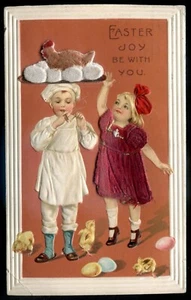 OSTERN POSTKARTE 1913 geprägt Küken Eier kochen Räuchern Filzzusatz - Bild 1 von 2