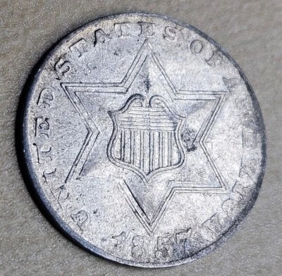 1857 Three Cent Silver Almost Uncirculated AU Details Cleaned Coin Trime 3CS - Image 1 of 3