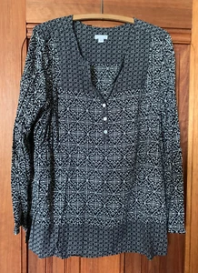 J.Jill Black White  Batik Print Cotton Top Blouse Size L - Picture 1 of 6