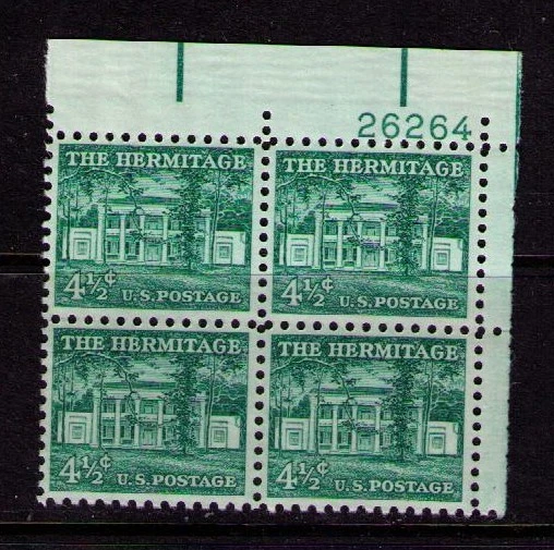 US USA Sc# 1037 MNH FVF PLATE # BLOCK The Hermitage, Home of Andrew Jackson - Image 1 of 1
