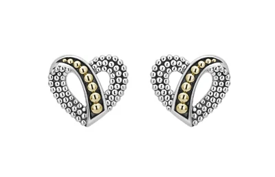 🆕LAGOS Signature Caviar 925 Sterling Silver 18k Gold Beaded HEART Stud Earrings - Image 1 of 4