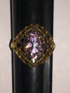 Filigraner Ring 10 Karat Gelbgold rosa oval CZ D innen Krone Punze Größe 7 - Bild 1 von 7