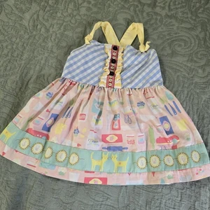 MATILDA JANE Hello Lovely In the Kitchen Blue Check Apron Knot Top Sz 4 - Picture 1 of 5