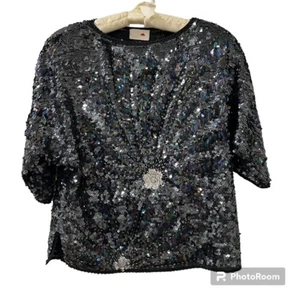 D.G Damen schwarz Pailletten Glitzer Kurzarm Party Top 80er Größe Large/XLarge - Bild 1 von 12