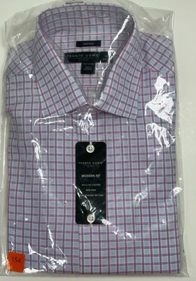 NWT Men’s Pronto Uomo No-Iron Modern Fit Blue Pink Checked Dress Shirt 16 34/35 - Image 1 of 4