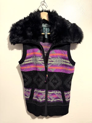 Vtg Ralph Lauren Southwestern Wool Sweater Vest Faux Fur Collar Aztec Women Med - Image 1 of 4