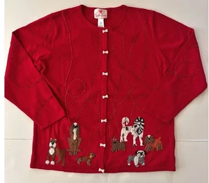 Quacker Factory Sweater Cardigan Women L Red Beaded Dogs Bones Buttons Novelty - Picture 1 of 9