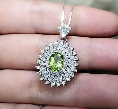 Natural Peridot Necklace - 18KGP Sterling Silver - 1.5 Ct Triple Gemstone Halo - Image 1 of 4