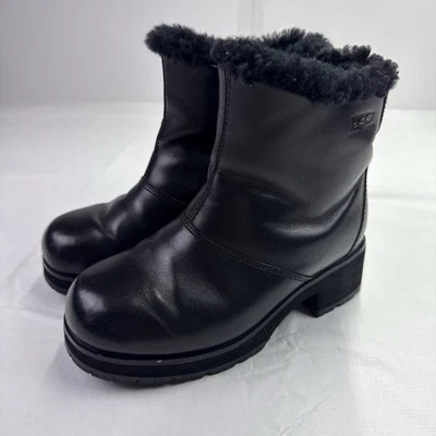 UGG Shearling Lined Leather Chunky Ankle Heel Boots Leather Womens Sz 6 Black - Image 1 of 4