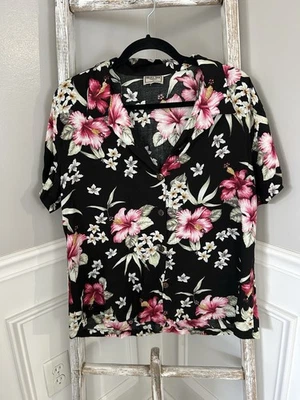 Camisa de campamento Aloha Hut bonita floral con estampado hawaiano manga corta negra rosa XL Foto 1 de 4