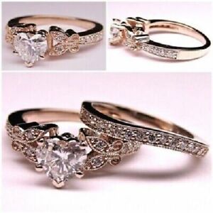 2 Ct Heart Cut Simulated Diamond Engagement Bridal Ring Set 14k Rose Gold Plated