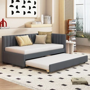 Upholstered Daybed with Trundle Twin Size Sofa Bed Frame No Box Spring Needed, L - Picture 1 of 12