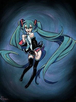 Figura de Anime Hatsune Miku Vocaloid Terciopelo Negro Pintura al Óleo Arte Pintado a Mano Foto 1 de 4
