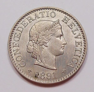 Switzerland 1891 B 5 Rappen AU * Beauty SCARCE Date HIGH Grade KEY Helvetia Coin - Picture 1 of 2