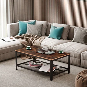 2-Tier Wooden Coffee Table Retro Industrial Style Side Desk Living Room Shelf - Picture 1 of 11