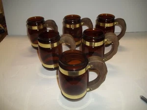 Vintage Siesta Ware 6er Set Braun Bernstein Fass Stil Glas Holzgriff Becher - Bild 1 von 8