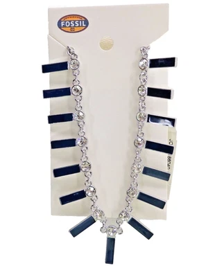 Fossil Pave Crystal Blue Bar Necklace Silvertone NEW! NWT - Image 1 of 3