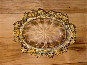 Vintage MATSON Gold Filigree Footed Trinket Soap Dish Floral Rose & Glass 6.5” - Picture 1 of 4