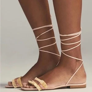 Anthropologie Jewel Embellished Raffia Tie-Up Sandals Flats Pink Women's 9.5 (40 - Picture 1 of 6