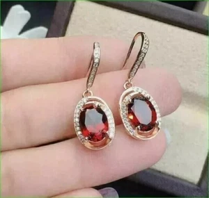 14K Yellow Gold Plated In 3Ct Oval Cut Simulated Red Ruby Drop & Dangle Earrings - Picture 1 of 5