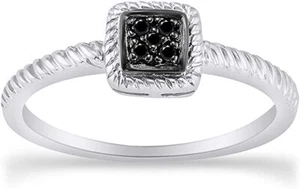 Twist Halo Ring Round Cut Black Real Diamond Accents 925 Sterling Silver - Picture 1 of 13