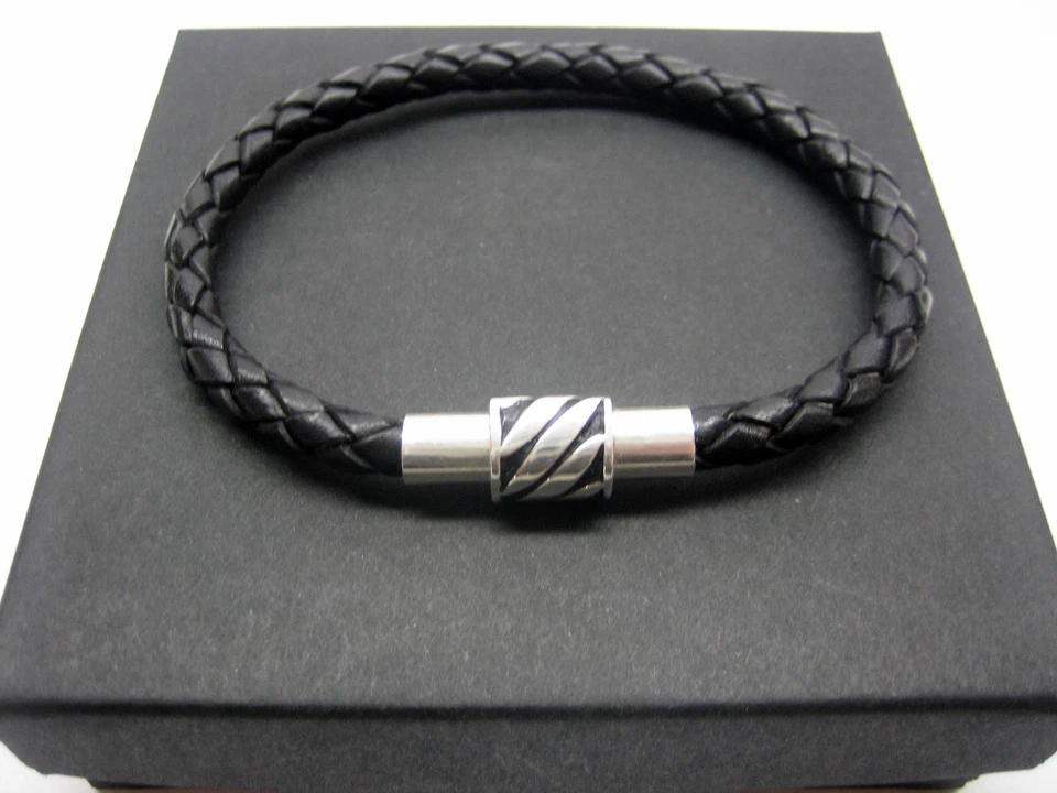 Plata de Ley 925 Tubo Decoración con 5mm Trenzado Italiano Cuero Pulsera Hombre/Mujer  Foto 1 de 4