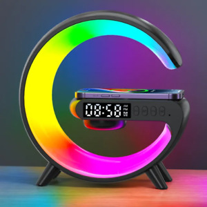  Wireless Charger Stand Pad Alarm Clock Speaker RGB Light Fast Charging Station 