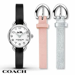 Entrenador 14502363 Tono plateado Dial blanco Correa de cuero negro Reloj de mujer Set - Imagen 1 de 2