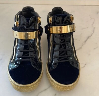 Giuseppe Zanotti Blue/Gold Velvet and Leather Coby High Top Sneakers Size 31 - Image 1 of 4