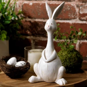 Easter Decorations Bunny Decor: White Resin Rustic Rabbit Figurine with Long Nec - Picture 1 of 12