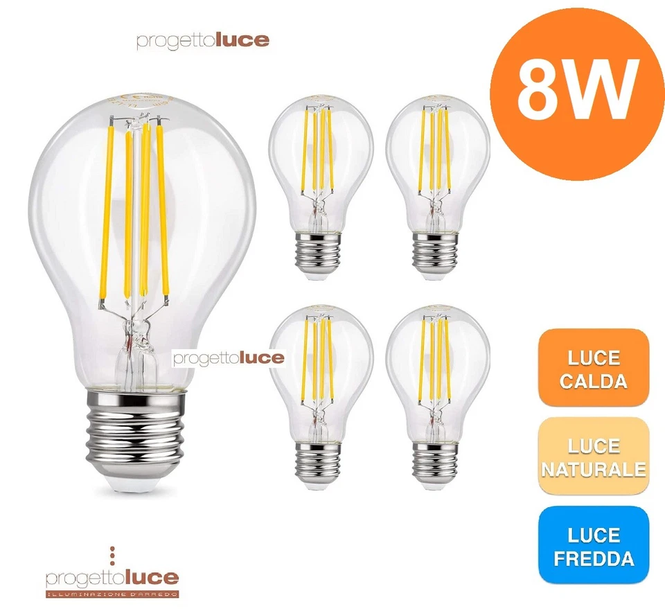 KIT 5 Pezzi  Lampadina Led Filamento 8 Watt E27 Trasparente A60 calda Naturale  - Immagine 1 di 1