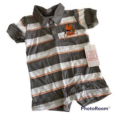 Swiggies Romper Boys 0 - 3 Months Gray White Stripes Handy Man NWT - Image 1 of 4
