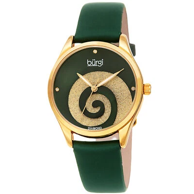 Women's Burgi BUR201GN Swarovski Swirl Diamond Marker Satin Leather Strap Watch - Image 1 of 4