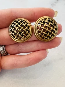 Vintage Yves Saint Laurent YSL Gold Plated Basket Weave Earrings - Picture 1 of 2