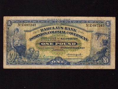 Rhodesia:P-S112a, 1 Pound, 1937 * Barclays Bank  * F-VF * - Image 1 of 2