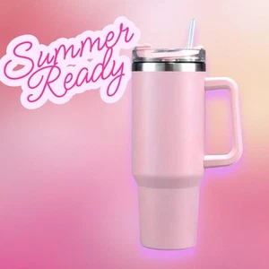 Pink 40 Oz Tumbler Cup With Straw Handle Insulated Double Wall - Picture 1 of 5