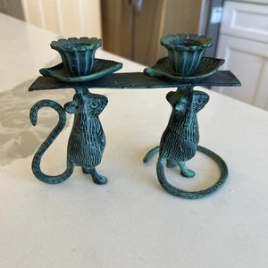 Green Verdigris Mice Candlestick Holder - Picture 1 of 7