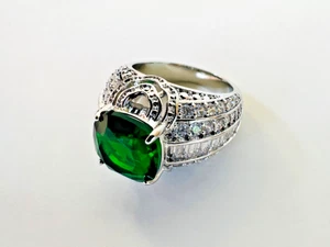 Silver Tone Multilayer Green Gem Stone Inlaid Banded Diamonds Style Ring Size 6 - Picture 1 of 14