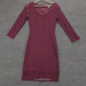 Forever 21 Dress Womens Small Burgundy Lace Bodycon 3/4 Sleeve Scallop Hem Lined - Picture 1 of 14